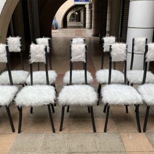 Ref : MC800 - Set of 10 chairs wood and synthetic fur by Angelo Mangiarotti