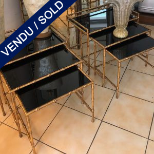 Ref : MT960 - Pair of 3 nested tables glass and metal - bamboo-like